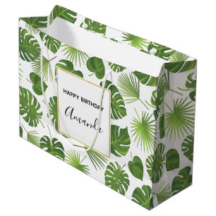 Grand Sac Cadeau Elégant Green Tropical Feuille Motif Anniversaire