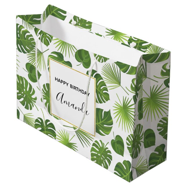 Grand Sac Cadeau Elégant Green Tropical Feuille Motif Anniversaire (Devant Angle)