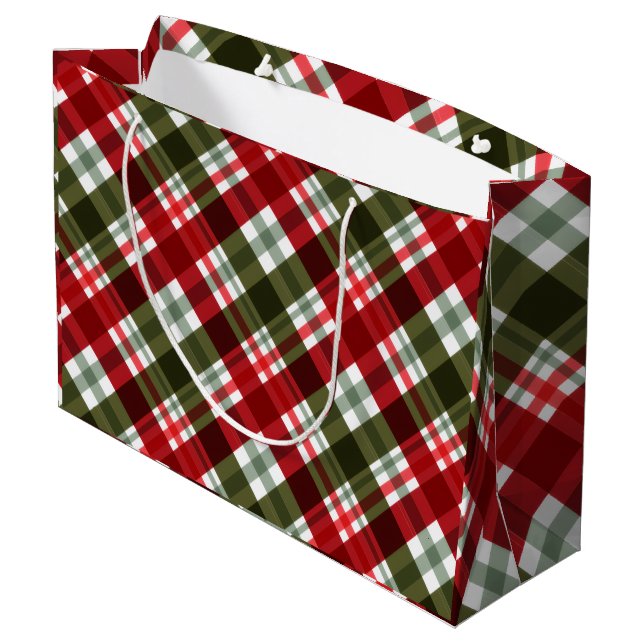 Grand Sac Cadeau Elegant green & white Red Plaid Rustic Christmas (Dos Angle)