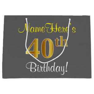 Grand Sac Cadeau Elégant, gris, Faux Gold 40e anniversaire + Nom