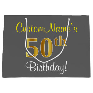 Grand Sac Cadeau Elégant, gris, Faux Gold 50e Anniversaire + Nom