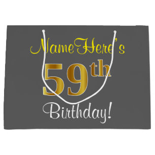 Grand Sac Cadeau Elégant, gris, Faux Gold 59e anniversaire + Nom