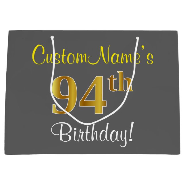 Grand Sac Cadeau Elégant, gris, Faux Gold 94ème anniversaire + Nom (Devant)