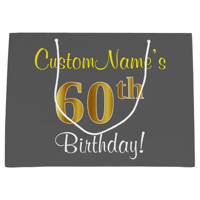 Grand Sac Cadeau Elégant, gris, Faux Or 60ème anniversaire + Nom (Devant)