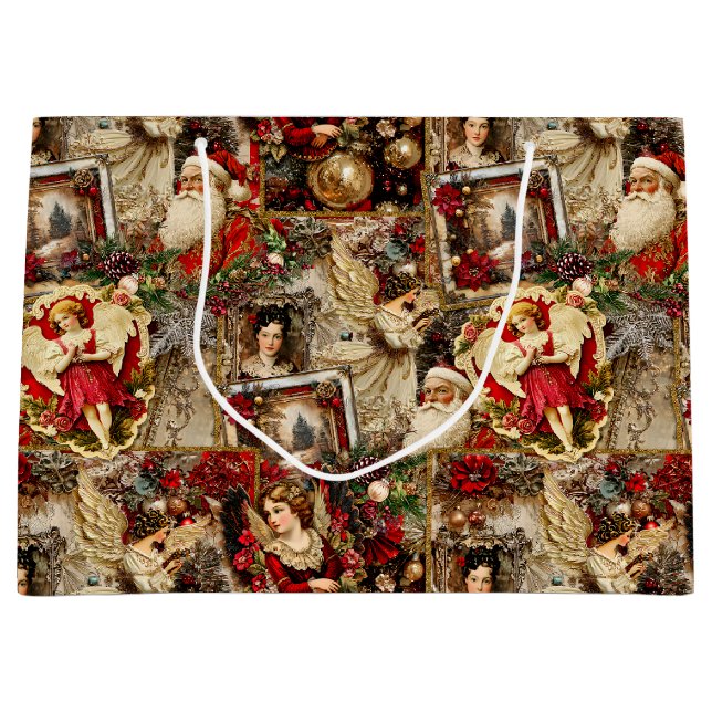 Grand Sac Cadeau Elegant Ivory and Red Victorian Christmas Collage (Devant)