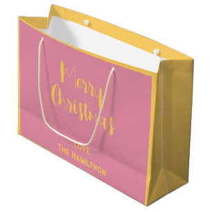 Grand Sac Cadeau Élégant Joyeux Noël rose et or doux
