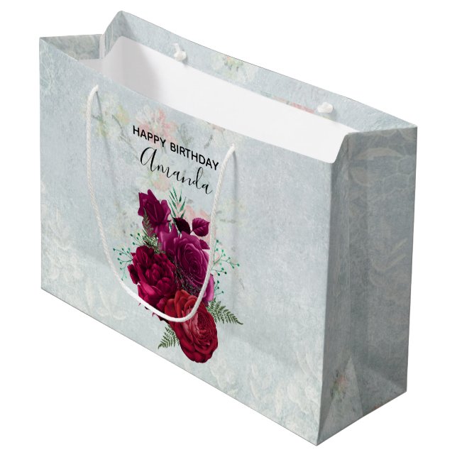 Grand Sac Cadeau Elégant Magenta Rose Bouquet floral Anniversaire (Devant Angle)