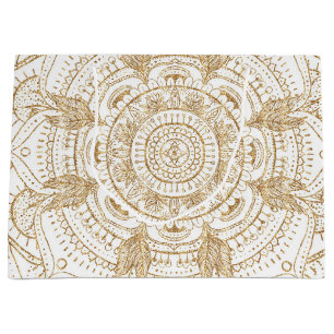 Grand Sac Cadeau Elégant Mandala Blanc & Or Dessiné À La Main