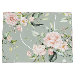 Grand Sac Cadeau Élégant Mariage vert Eucalyptus Rose Blush