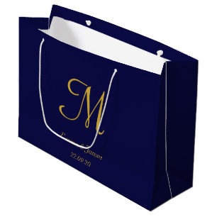 Grand Sac Cadeau Elegant Marine Blue & Gold Monogram Nom Mariage