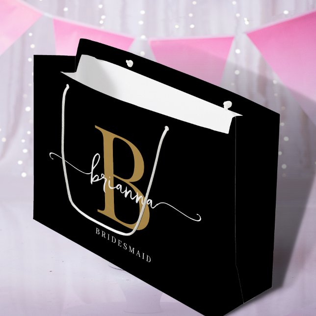 Grand Sac Cadeau Élégant minimal Noir Monogramme Girly Script (Créateur téléchargé)