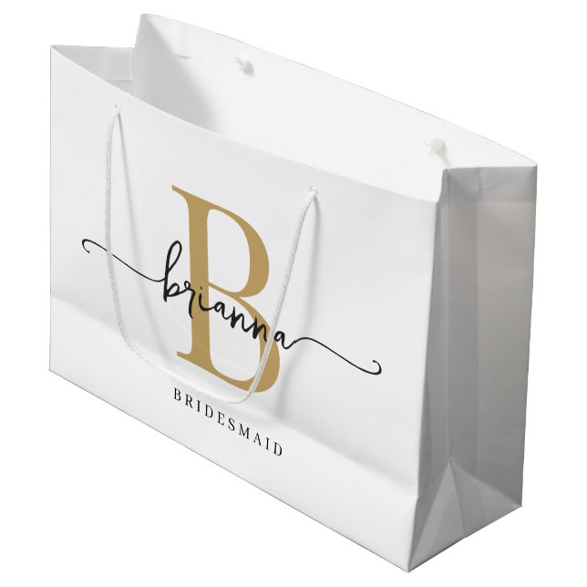 Grand Sac Cadeau Élégant minimal or blanc Monogramme Girly Script (Devant Angle)