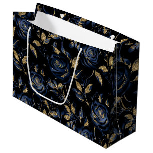 Grand Sac Cadeau Élégant modèle floral Rose bleu et or de la marine