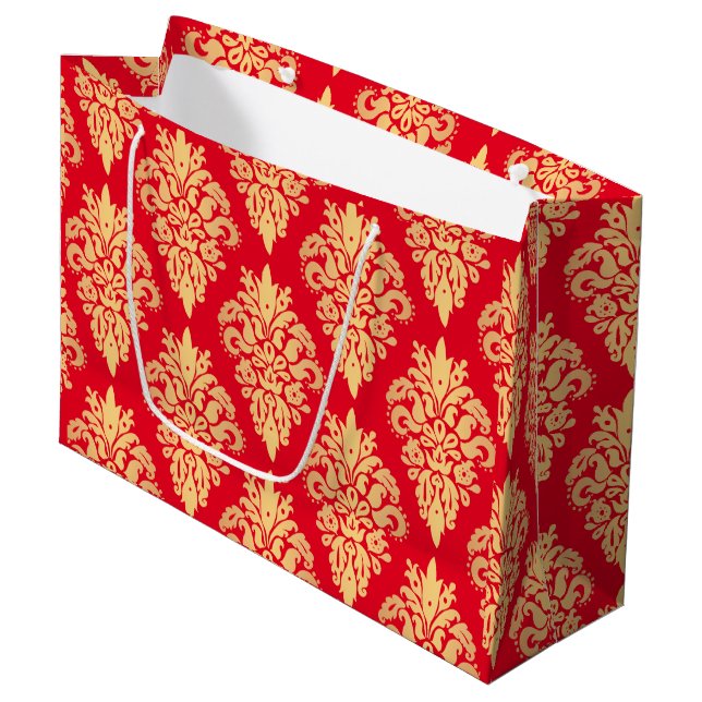 Grand Sac Cadeau Élégant modèle rouge et doré de Damas de Noël (Devant Angle)