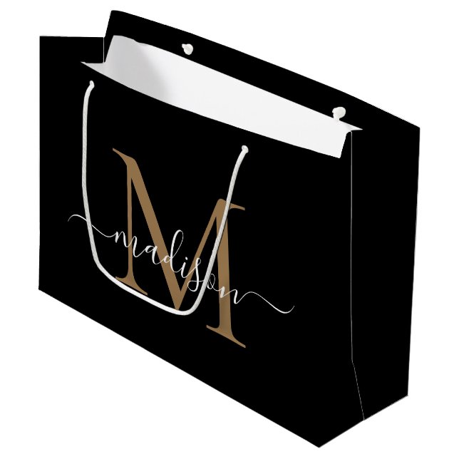 Grand Sac Cadeau Élégant Monogram Black Gold Elegant Nom de script (Devant Angle)