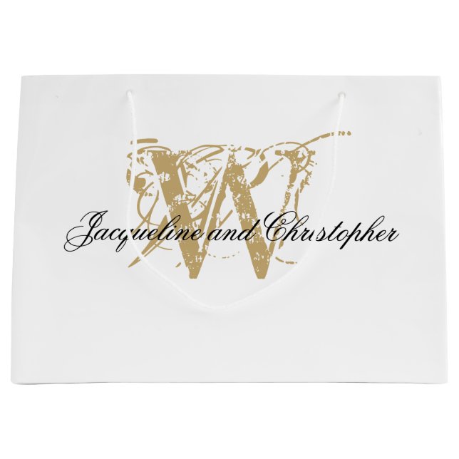 Grand Sac Cadeau Élégant Monogramme blanc & or chic Mariage classiq (Devant)