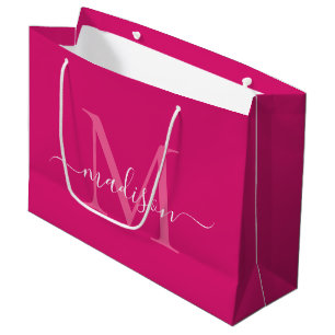 Grand Sac Cadeau Élégant Monogramme Magenta Rose Blanc Élégant Scri