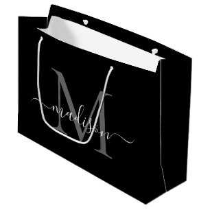 Grand Sac Cadeau Élégant Monogramme Noir Blanc Élégant Nom du scrip