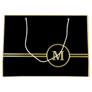 Grand Sac Cadeau Élégant monogramme personnalisé or sur fond noir