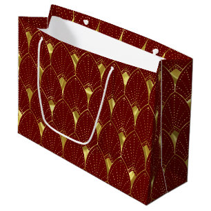 Grand Sac Cadeau Elégant Motif Art Déco Or brillant sur le rouge fo