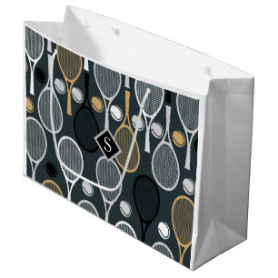 Grand Sac Cadeau Élégant Motif de balle de tennis gris et initial