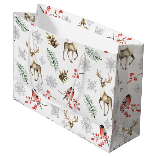 Grand Sac Cadeau Élégant Motif de Noël avec cerfs et pinces (Devant Angle)