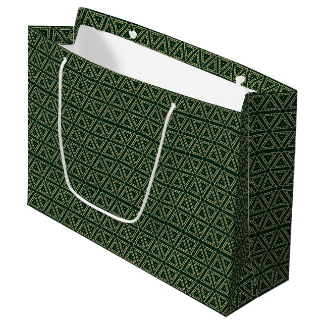 Grand Sac Cadeau Élégant motif géométrique vert pin foncé doré (Devant Angle)