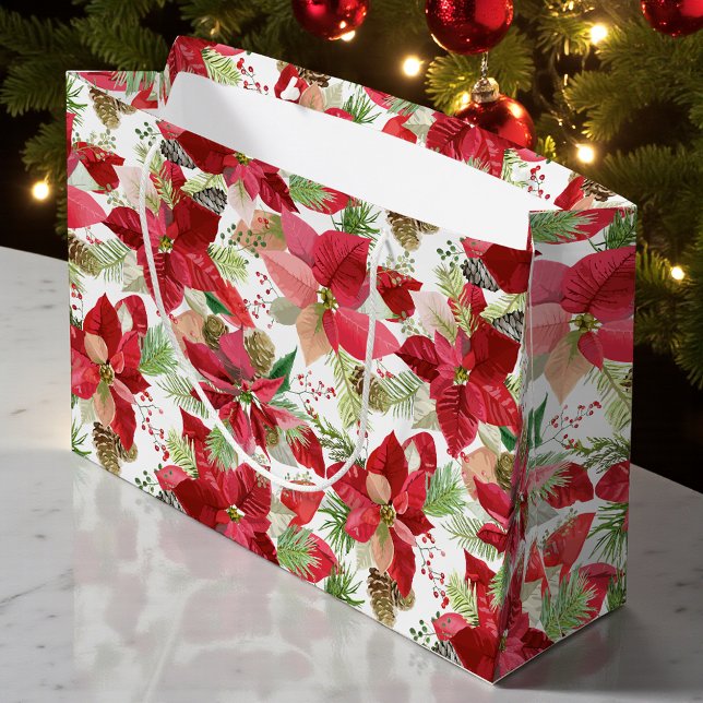 Grand Sac Cadeau Élégant Noël de vacances Poinsettia Pine Cône (Créateur téléchargé)