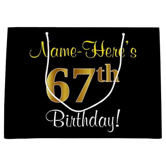 Grand Sac Cadeau Elégant, Noir, Faux Or 67ème Anniversaire + Nom (Devant)