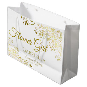 Grand Sac Cadeau Elégant or & blanc Simple Flower Mariage