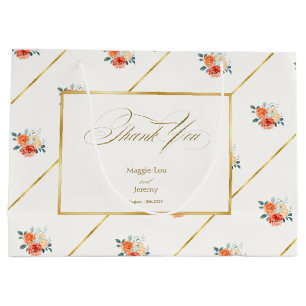 Grand Sac Cadeau Élégant or Blush Mariage Floral Merci