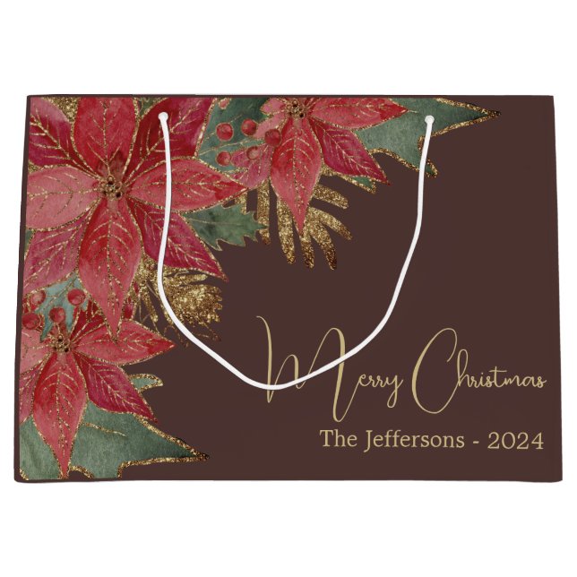 Grand Sac Cadeau Élégant or moderne Rouge Poinsettia Joyeux Noël (Devant)