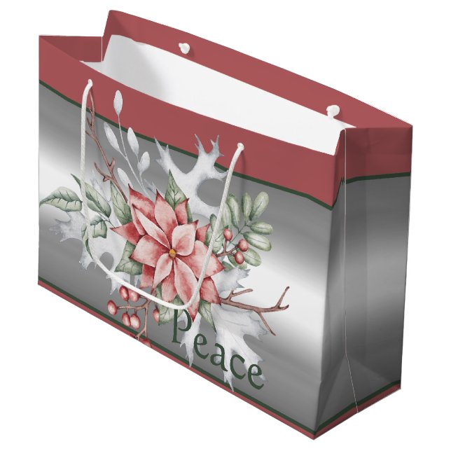 Grand Sac Cadeau Elégant poinsettia aquarelle personnalisée Noël (Devant Angle)