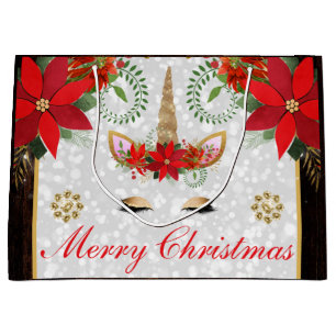 Grand Sac Cadeau Elegant Poinsettia Unicorn Christmas