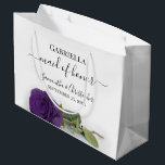 Grand Sac Cadeau Élégant Rose royal pourpre Maid of Honor Mariage<br><div class="desc">Ces beaux sacs-cadeaux sont conçus comme un cadeau mariage ou un sac de faveur pour votre femme d'honneur. Elles présentent un design simple mais étonnant, avec un rose de couleur violet royal aux longues tiges allongé sur son côté. Le titre "Maid of Honor" écrit en lettres de script fantaisie avec...</div>