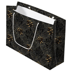Grand Sac Cadeau Élégant roses en or noir damassé gothique