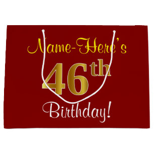 Grand Sac Cadeau Élégant, Rouge, Doré Faux 46e Anniversaire ; Nom p