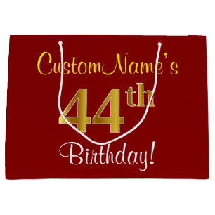 Grand Sac Cadeau Elégant, Rouge, Faux Gold 44e anniversaire; Nom pe