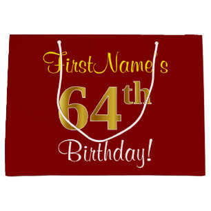 Grand Sac Cadeau Elégant, Rouge, Faux Gold 64e anniversaire; Nom pe