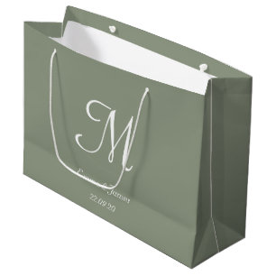 Grand Sac Cadeau Elégant Sage vert et blanc Nom du monogramme