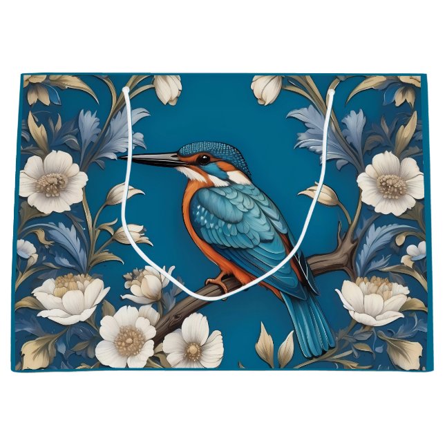 Grand Sac Cadeau Élégant turquoise Kingfisher Bird Floral (Devant)