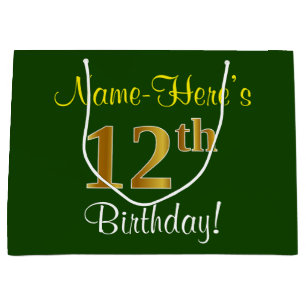 Grand Sac Cadeau Élégant, vert, anniversaire d'or de Faux 12ème