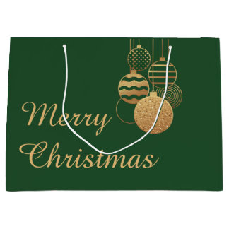 Grand Sac Cadeau Élégant vert avec Joyeux Noël et boules