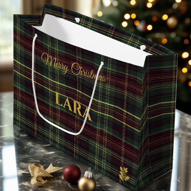 Grand Sac Cadeau Élégant Vert et Or Plaid Noël personnalisé (Créateur téléchargé)