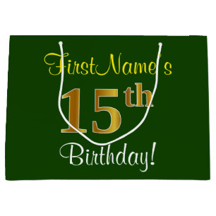 Grand Sac Cadeau Elégant, Vert, Faux Or 15ème anniversaire + Nom