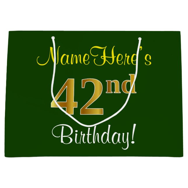 Grand Sac Cadeau Elégant, Vert, Faux Or 42ème Anniversaire + Nom (Devant)