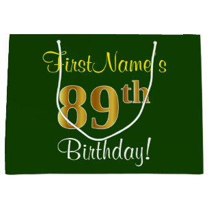 Grand Sac Cadeau Elégant, Vert, Faux Or 89ème Anniversaire + Nom