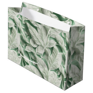 Grand Sac Cadeau Élégant vintage blanc vert motif de feuille botani