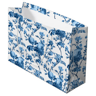 Grand Sac Cadeau Élégant Vintage bleu Rose floral chic