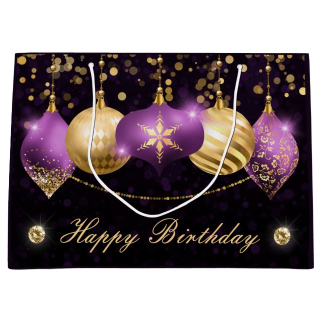 Grand Sac Cadeau Elégant violet et or Baubles d'hiver Anniversaire (Devant)